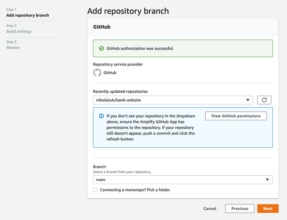 Add git repo in AWS Amplify