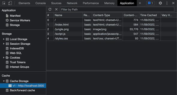 List of files cached by service worker in Chrome DevTools